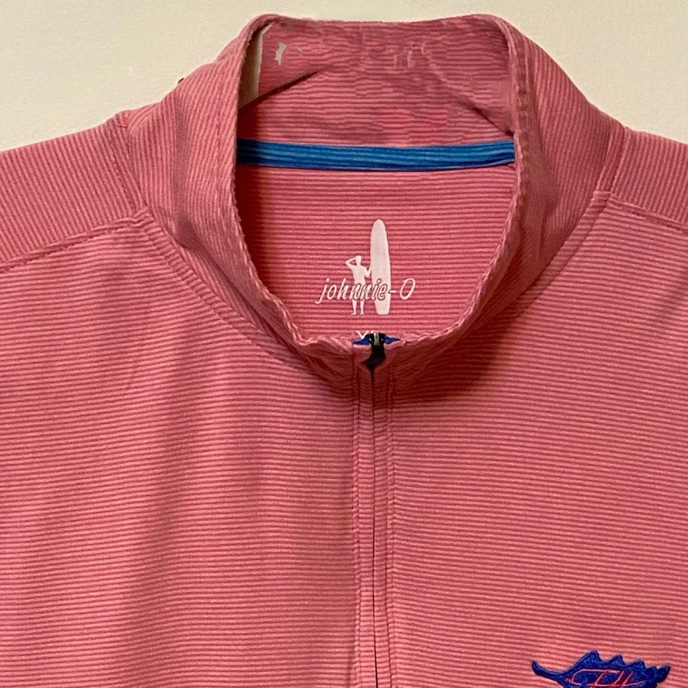 johnnie-O Prep-Formance 1/4 Zip Pullover XL Pink Striped Top Crest Logo Sweater